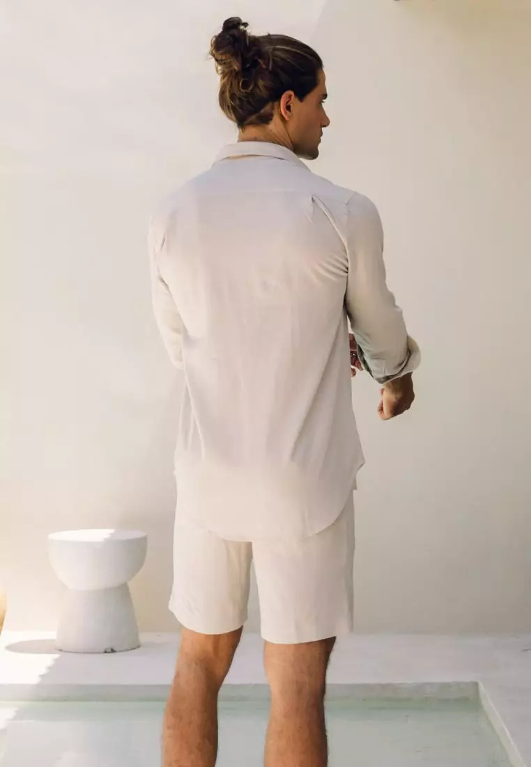 Sand Setelan Kemeja Celana Linen Set Pria Cream | Linen Set Men Cream