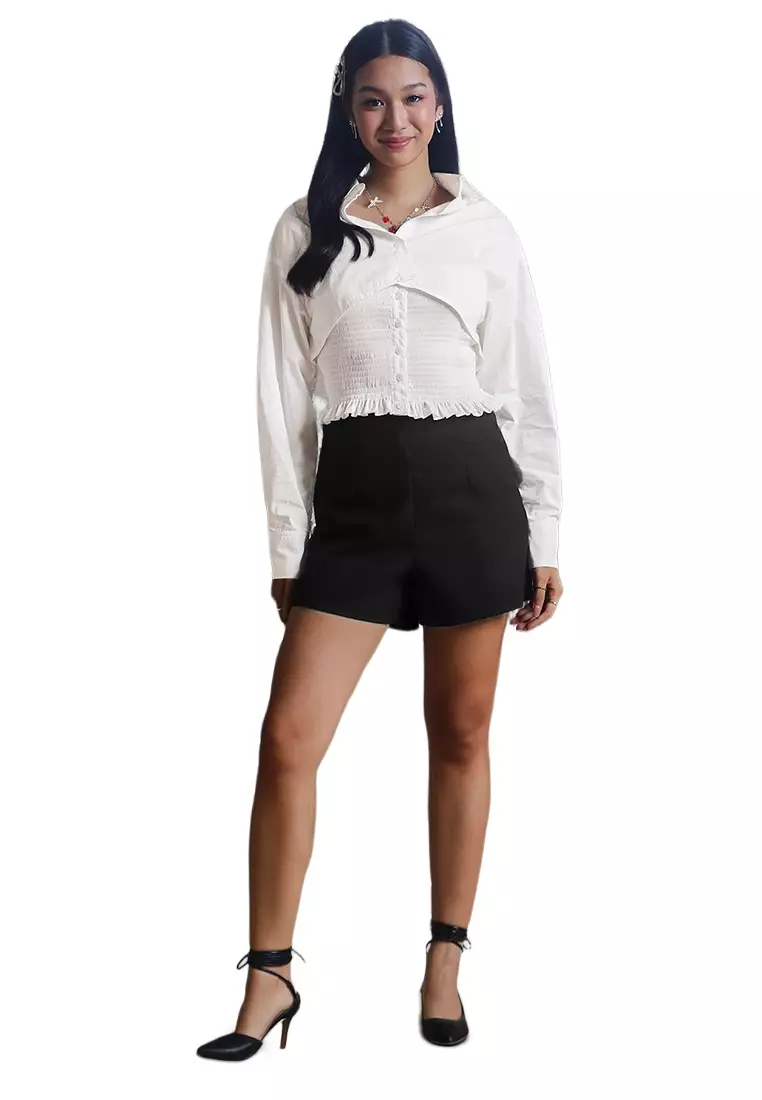 Cropped Button Front Shirt and Smocked Strappy Top Set