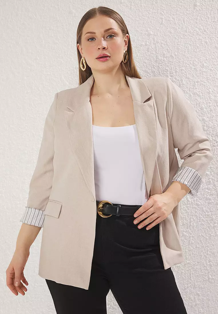 Beige Linen Look Woven Plus Size Jacket TBBSS25AG00010