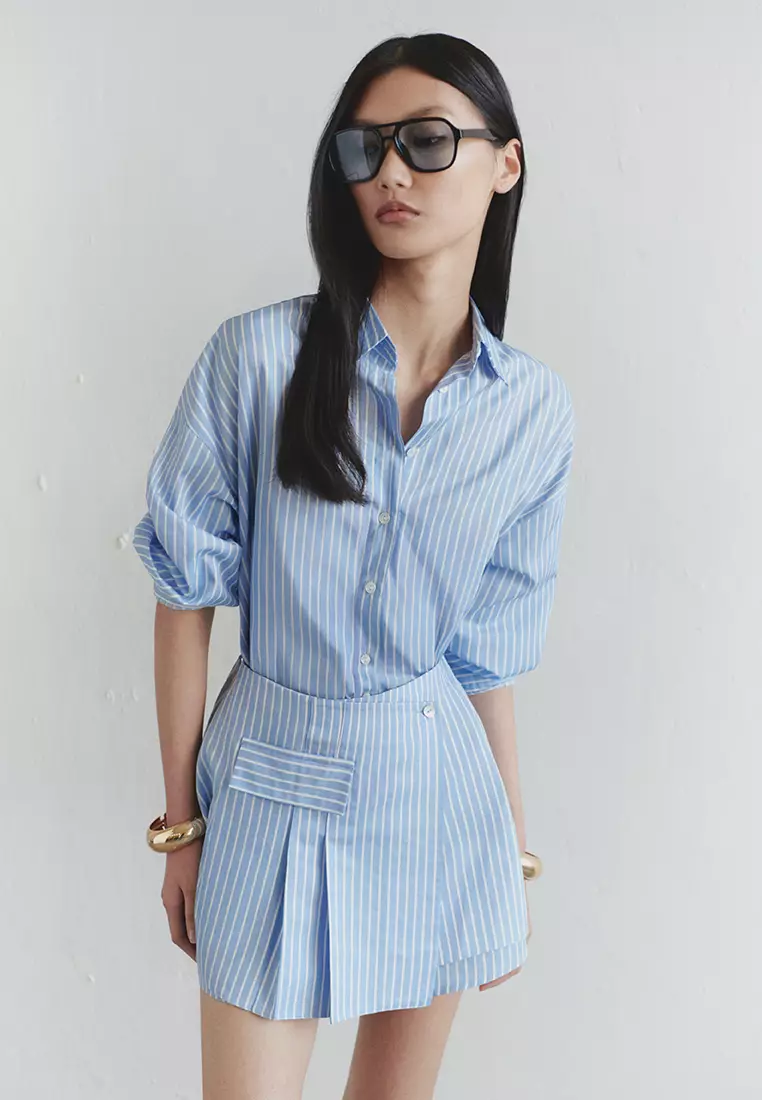 Limited Edition Blue Striped Shirt Detailed Mini Woven Dress TWOSS25EL00522