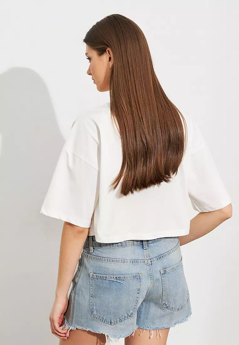 Teddy Bear Embroidered Crop T-Shirt