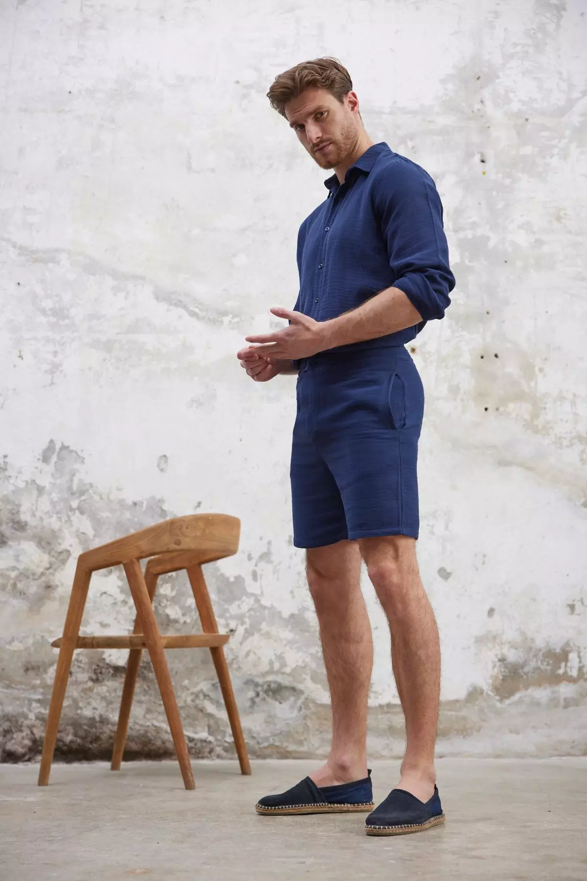 Navy Blue Regular Fit Muslin Fabric Linen Look 100% Cotton Shorts TMNSS25SR00059