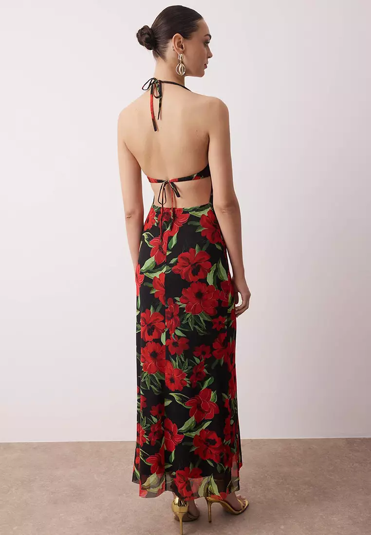 Red Multicolor Lined Tulle Evening Dress