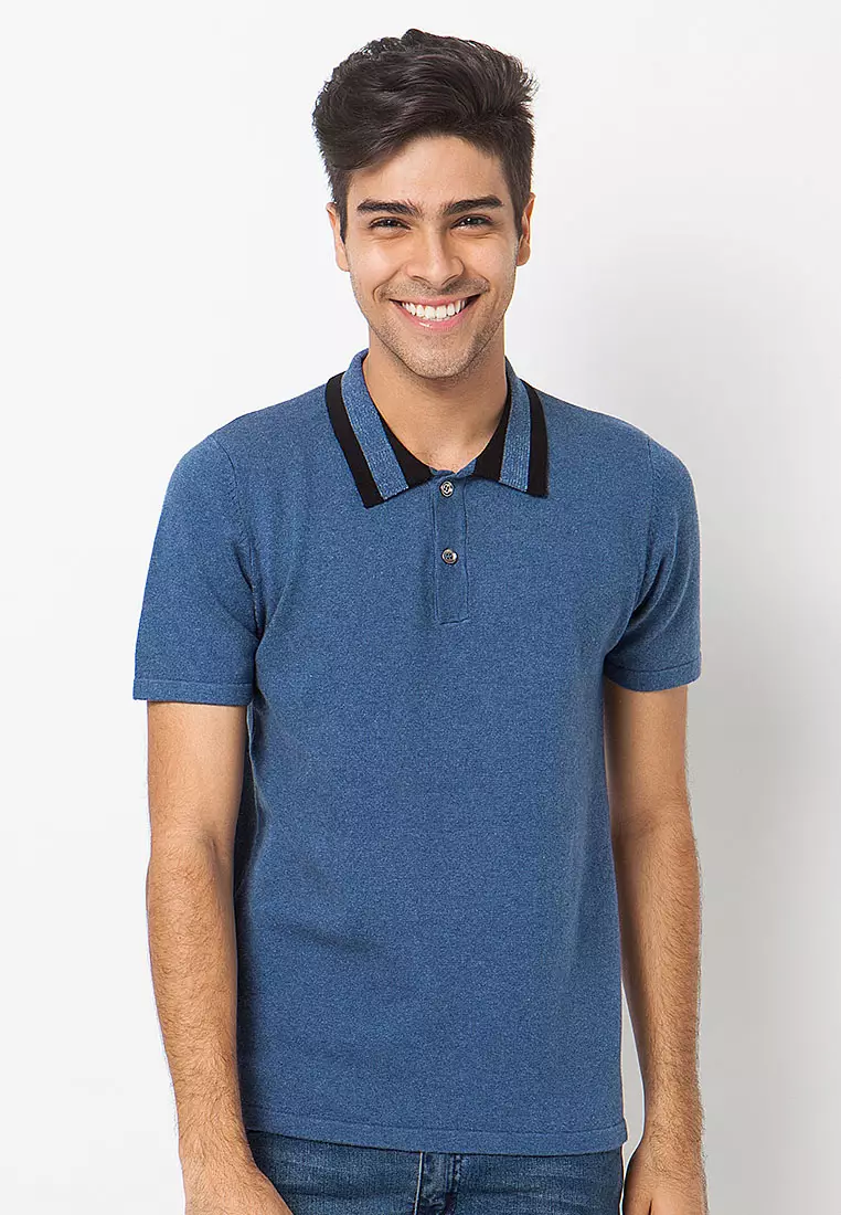 Knitwork Blue Jeans Melange Casual Polo Shirt