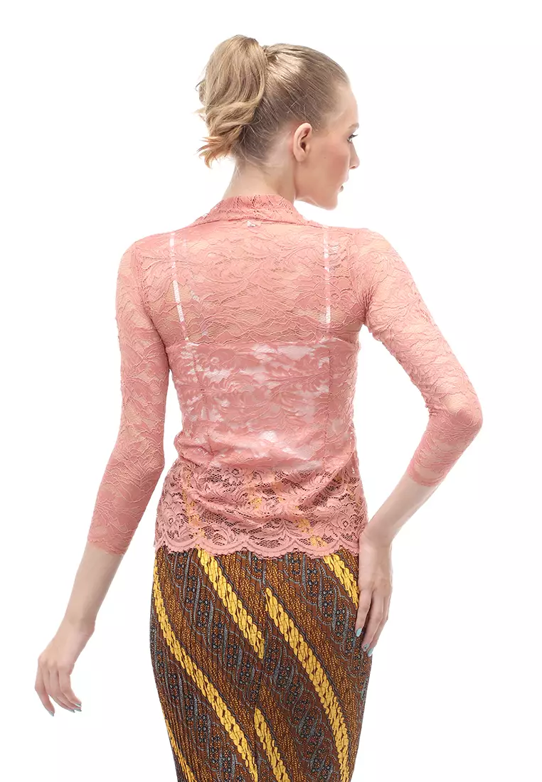 Hara Kebaya Seri 2 Motif Brokat Long Sleeves Atasan Wanita Transparan Premium Quality - Pink Salem