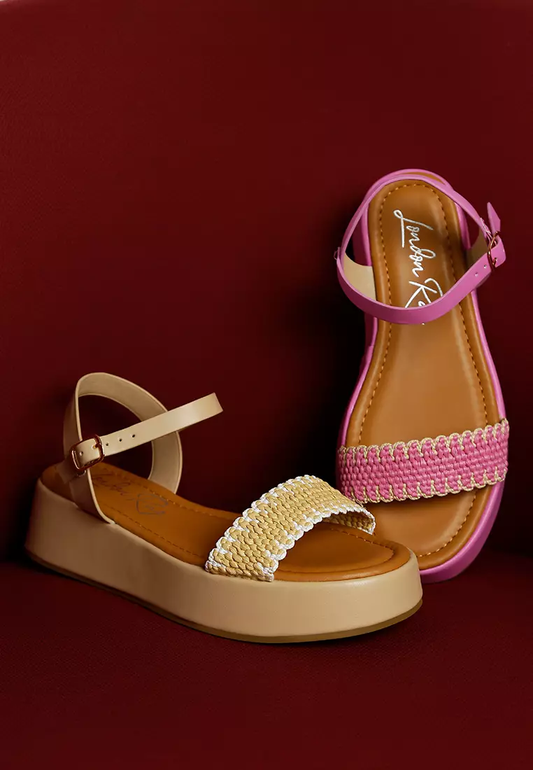 Raffia Flatform Sandals in Pink