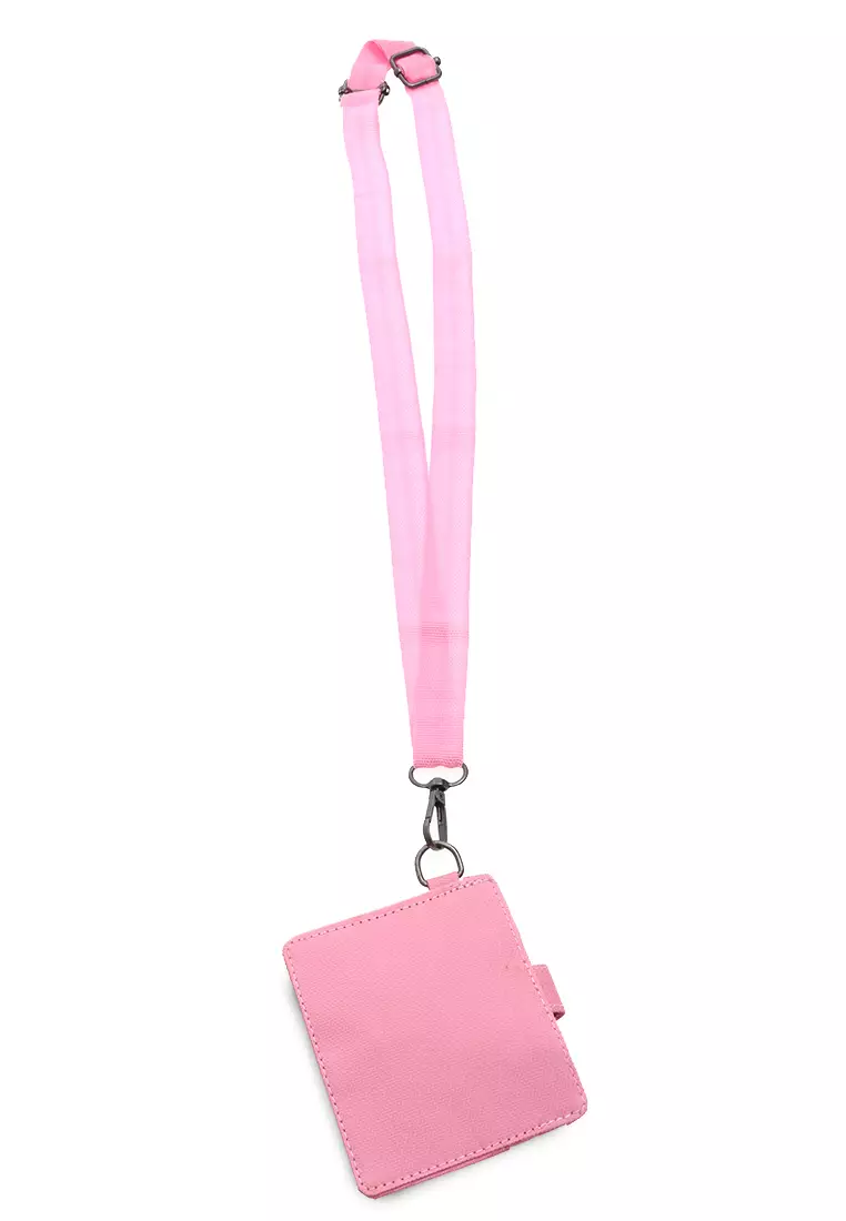 Hanging Neck Dompet Kartu 4 Slot Free Tali Gantung Motif Polos Holder Wallet Unisex - Pink