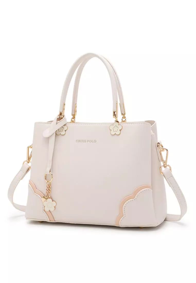 Women's Floral Detail Top Handle Bag / Sling Bag / Crossbody Bag - White
