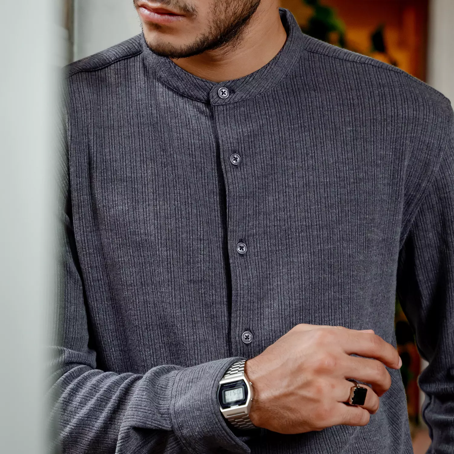 OXCON Kemeja Tangan Panjang Koko Knit Malik Collarless Shirt Grey
