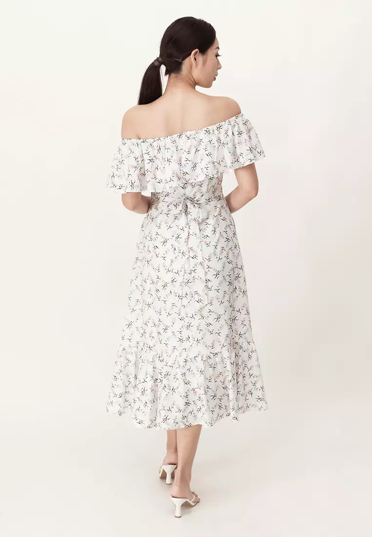 Buy Plain B. Plain B. Off Shoulder Floral Print Midi Dinner Dress White ...