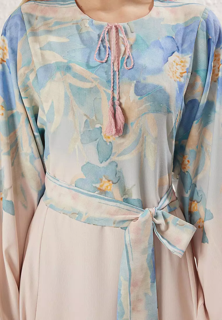Powder Linen Look Spanish Sleeve Belted Patterned Woven Dress TCTSS25EB00033