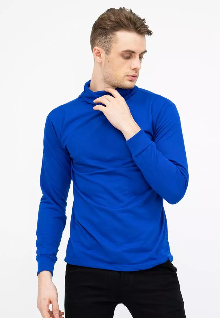 Turtle Neck pria lengan panjang biru kaos kerah tinggi slim fit houseofcuff