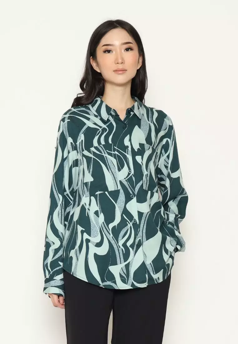 Urban Exchange Shirt Cherry Printed Green - Printed Shirt Kemeja Oversize