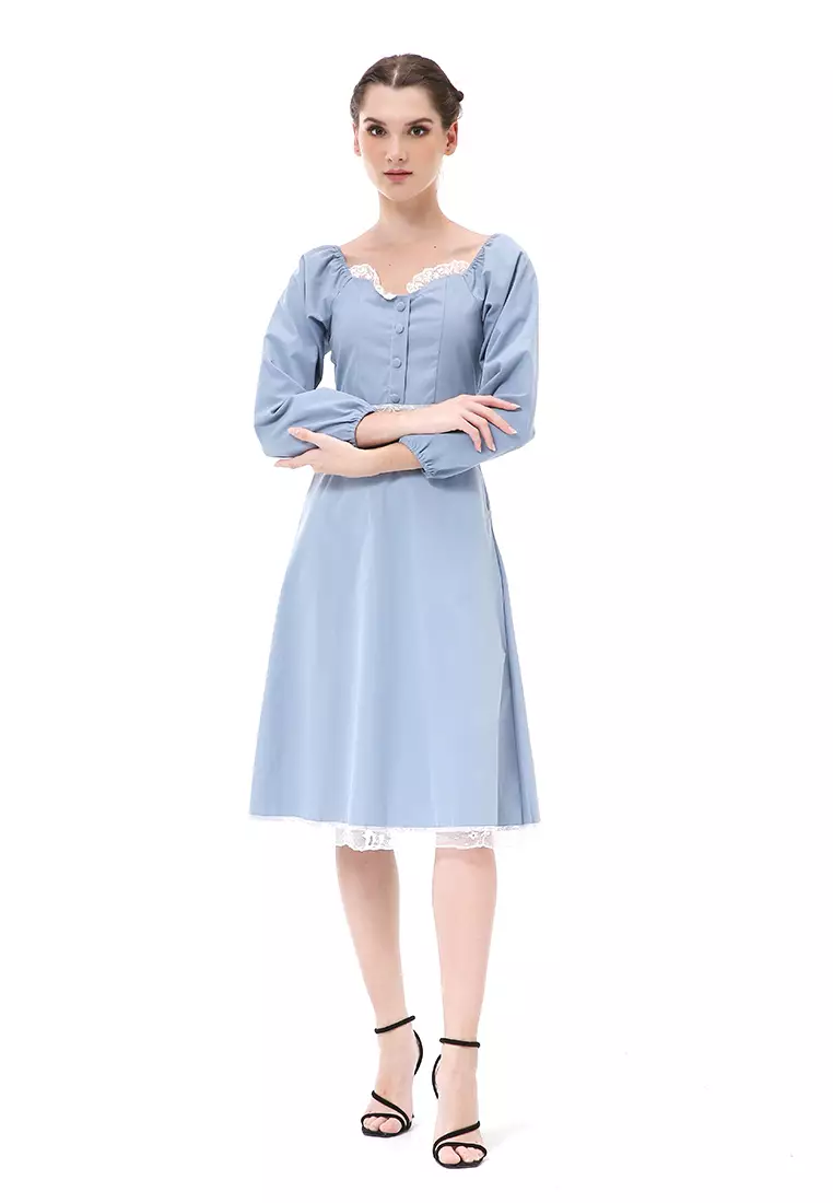 Rachel Dress Retro Vintage Wanita Long Sleeve Simple Elegan Material Cotton ORIGINAL - Sky Blue
