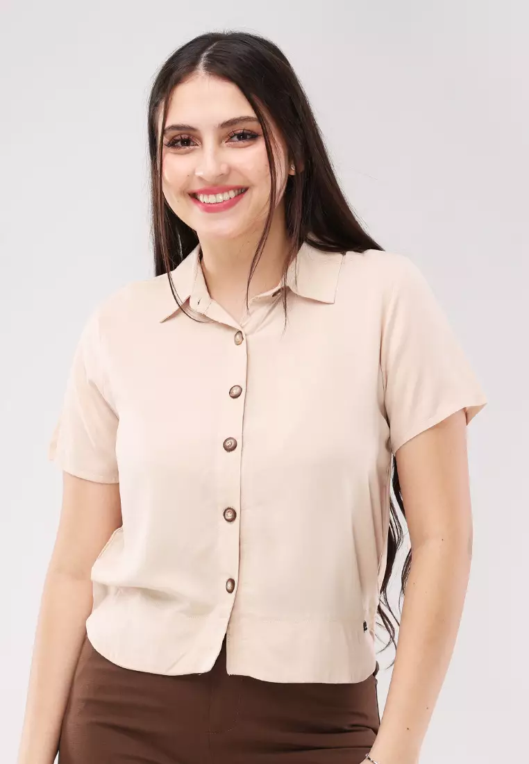 Woven Plain Rayon Short Sleeves Blouse