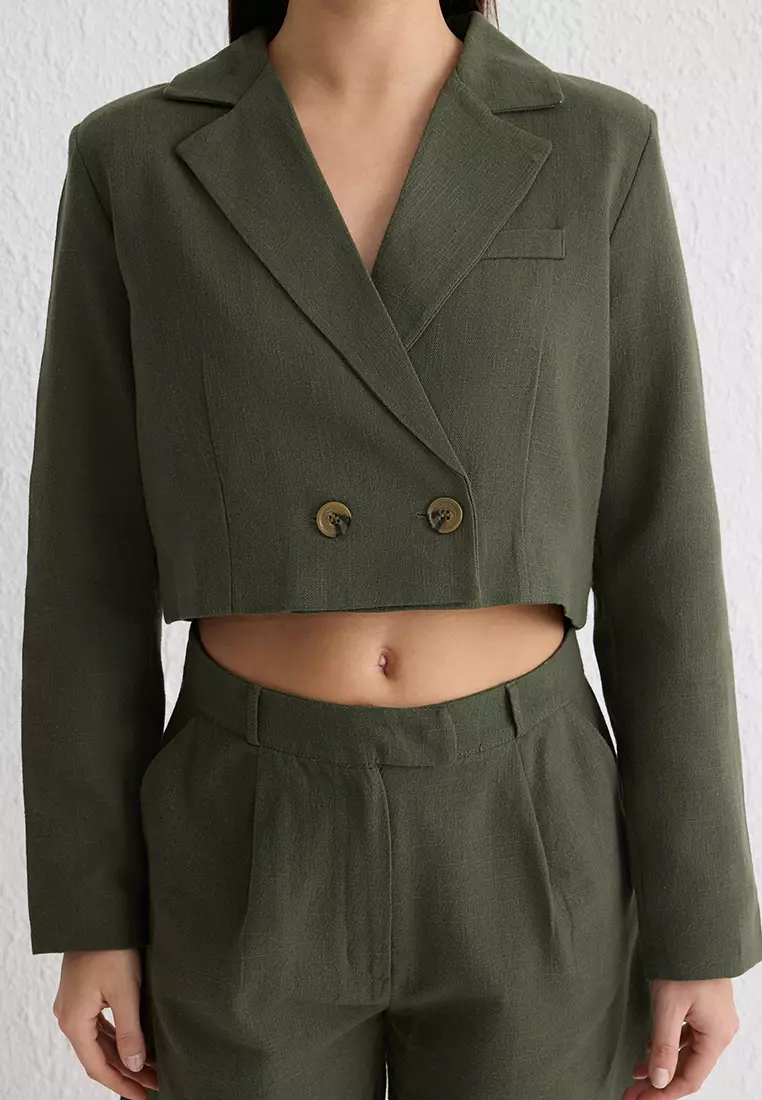 Khaki Linen Look Double Breasted Crop Short Woven Blazer Jacket