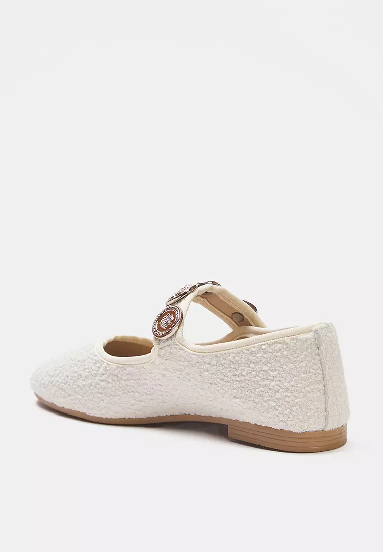 Beige Buckle Accessory Detailed Round Toe Tweed Mary Jane Women's Flat Shoes Takss25Be00011