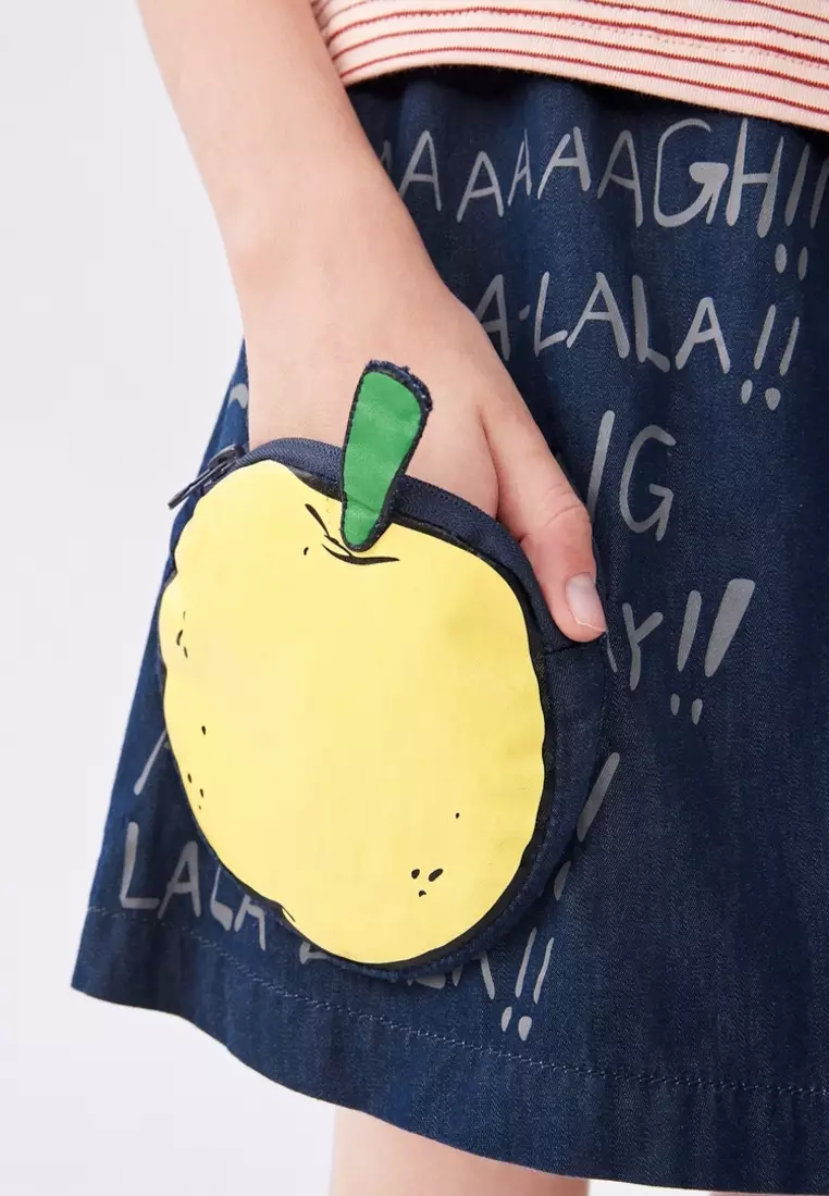 Apple Print Cotton Denim Skirt Short with Pocket