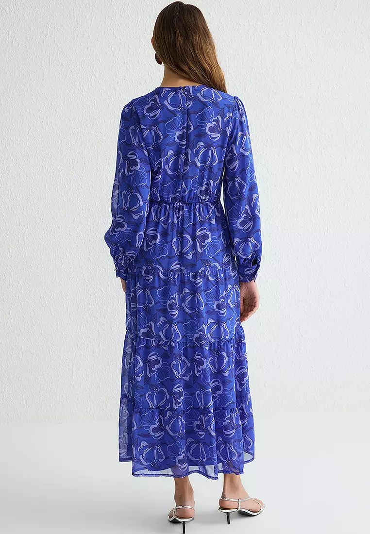 Floral Patterned Slim Fit Lined Elastic Back Chiffon Woven Dress