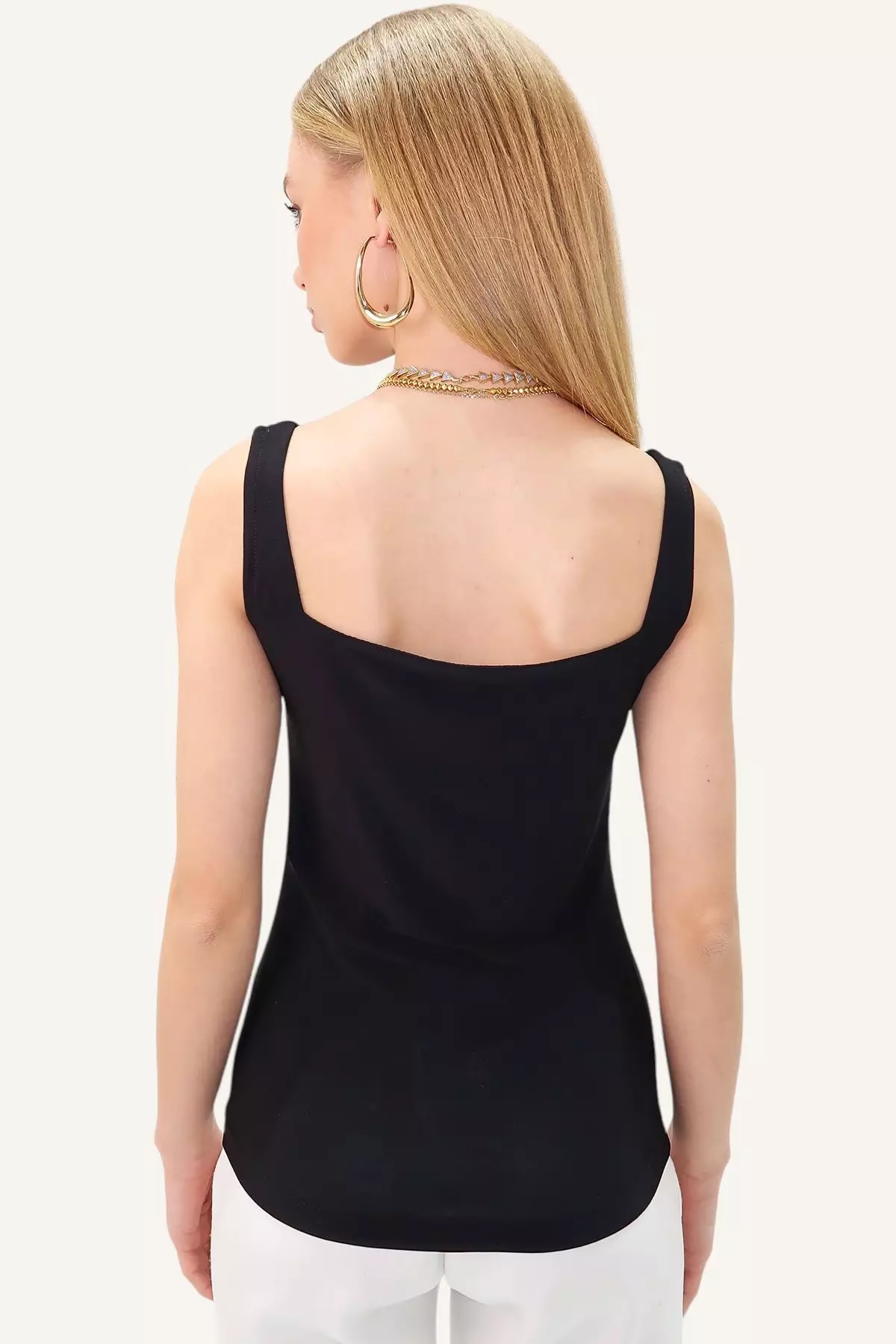 Women's Black Square Neck Thin Strap Sandy Fabric Blouse