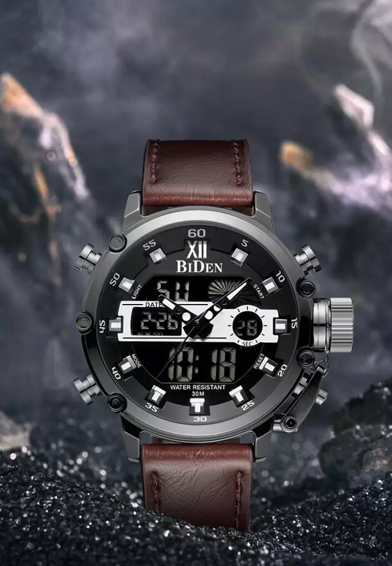 jam tangan pria fashion casual sport leather band bisnis military Luminous Waterproof Multifunction LED display Chronograph watch