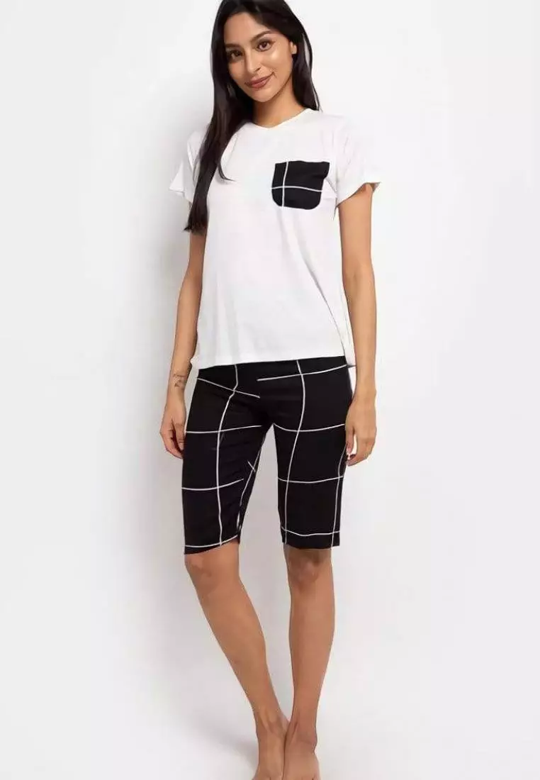 Nade Japan FT077 Piyama Set Instacool Wanita Kotak Hitam