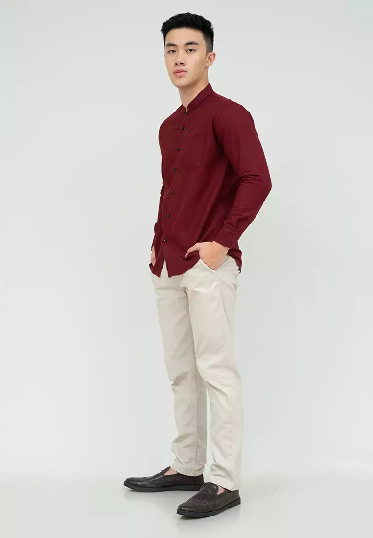 Houseofcuff kemeja Koko Lengan Panjang Pria Maroon