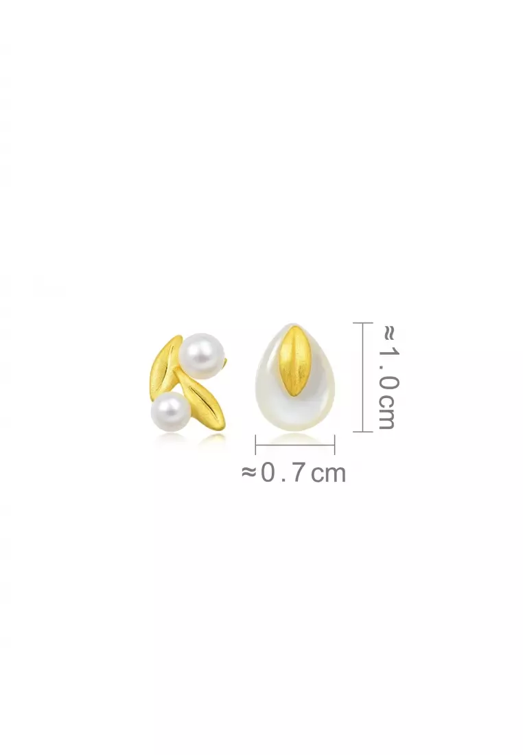 24K 999.9 Gold Willow & Pentals Pearl and Mother of Pearl Asymmetric Stud Earrings for Women 89676E