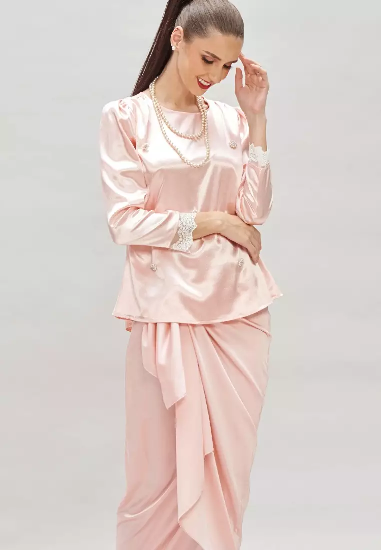 Pink Faux Pearl Diamond Beaded Top & Satin Wrap Skirt Modern Baju Kurung