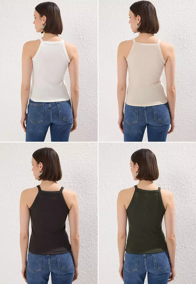 Anthracite-Ecru-Beige-Khaki 4-Pack Crop Stretch Knit Tank Top TWOSS25AL00056