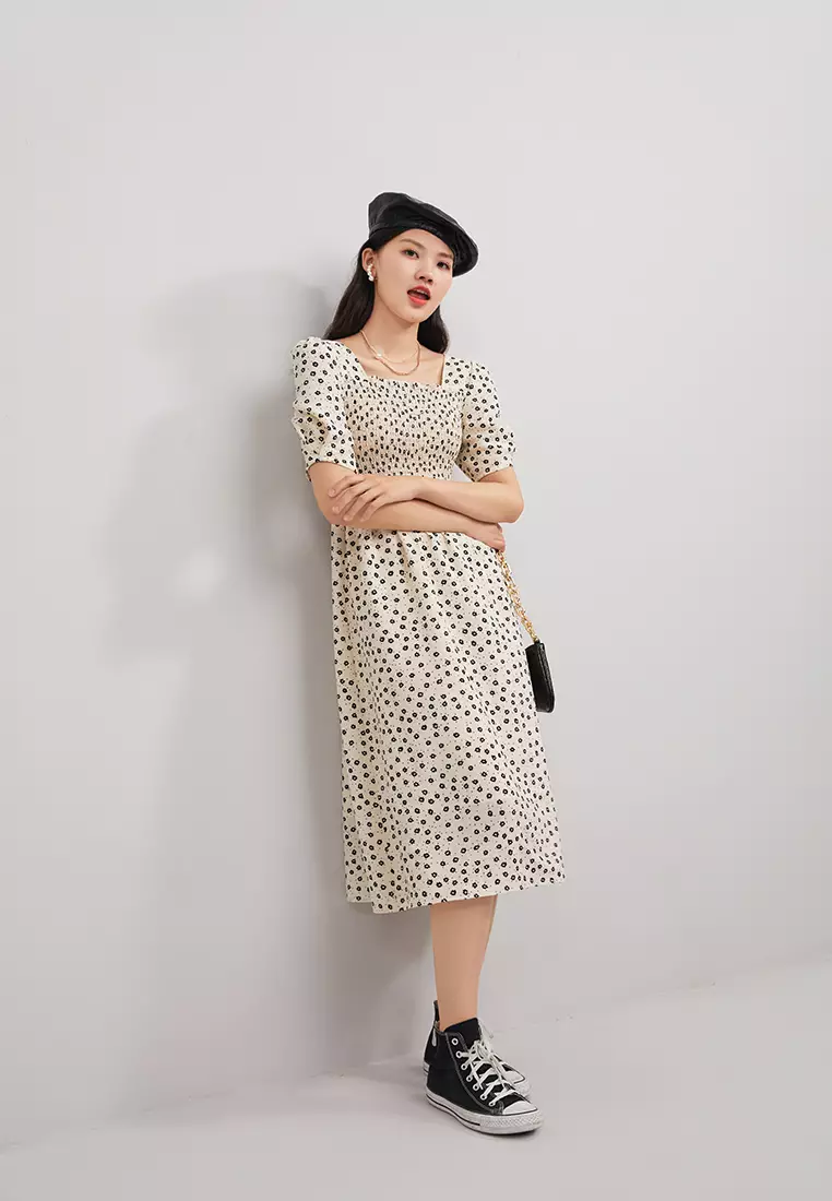 Square Neck Textured Floral Long Dress