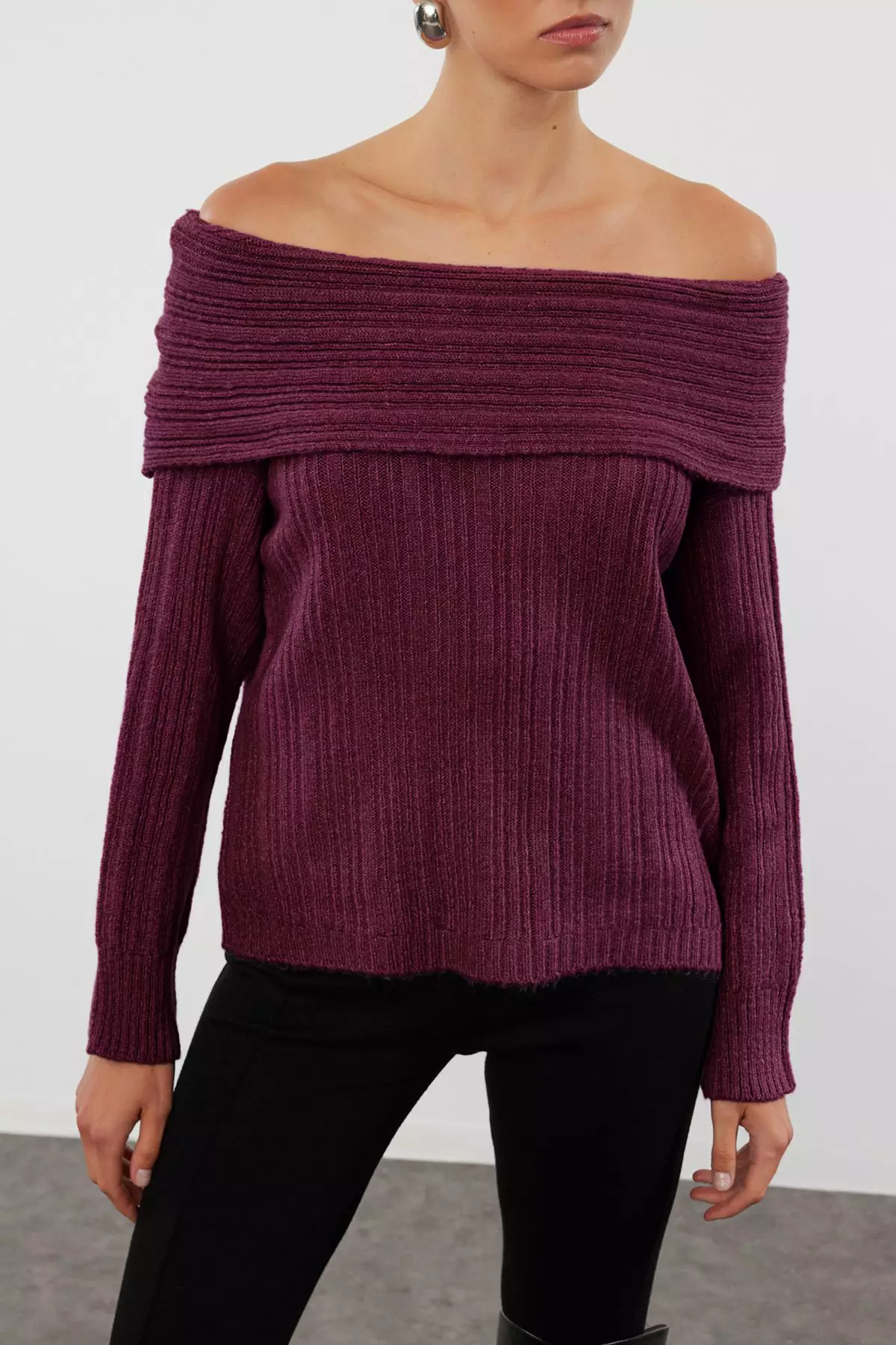 Burgundy Soft Textured Carmen Collar Knitwear Sweater