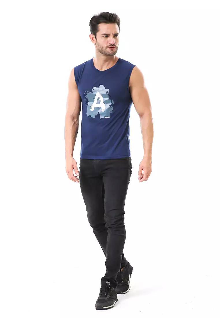 Bobby Atasan Kasual Pria Singlet Motif Huruf A Atasan Tanpa Lengan Material Cotton ORIGINAL - Navy