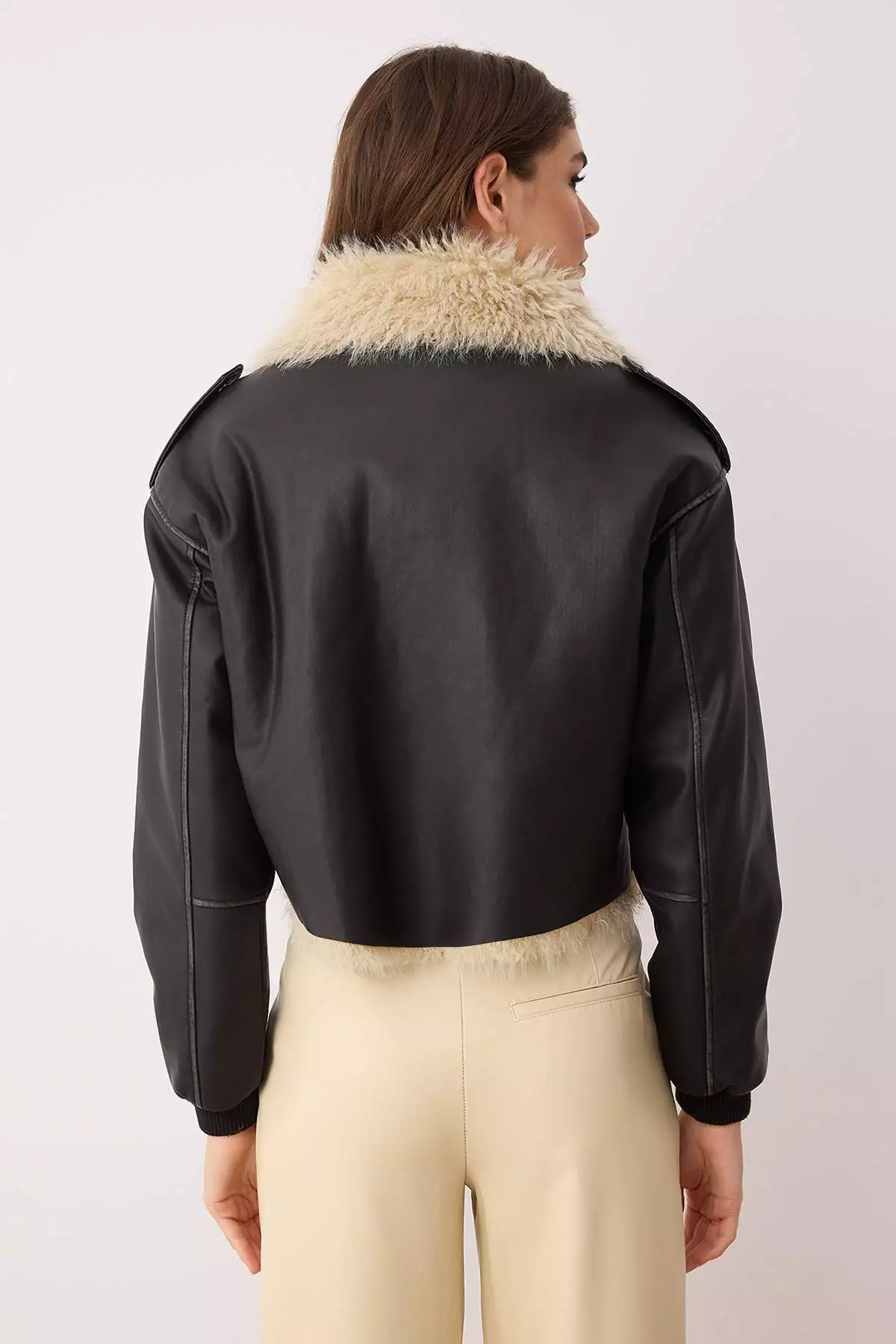 Black Regular Fit Fur Detailed Faux Leather Coat