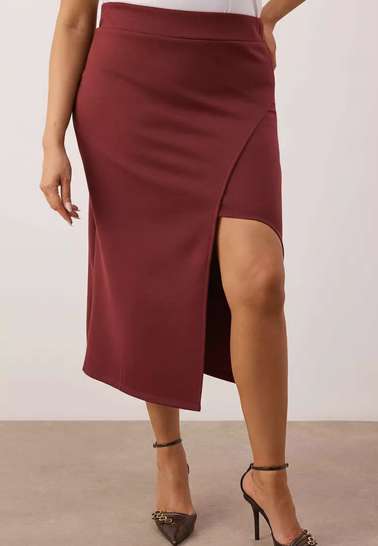Burgundy Slit Detailed Knitted Stretchy Fabric Plus Size Midi Skirt Tbbaw26Az00023