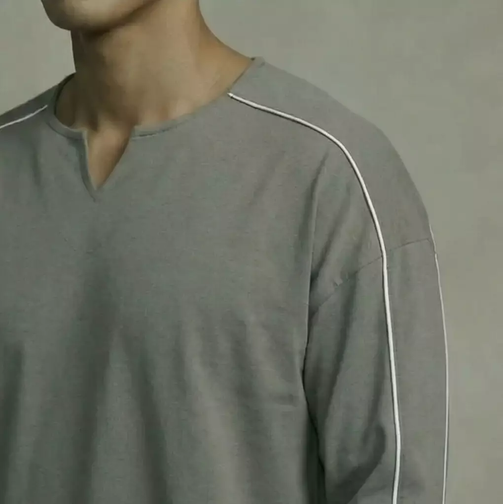 THIRDDAY Kaos Koko Tangan Panjang Piped Lis 240gsm Cotton Hybrid Abu Muda MTZ12