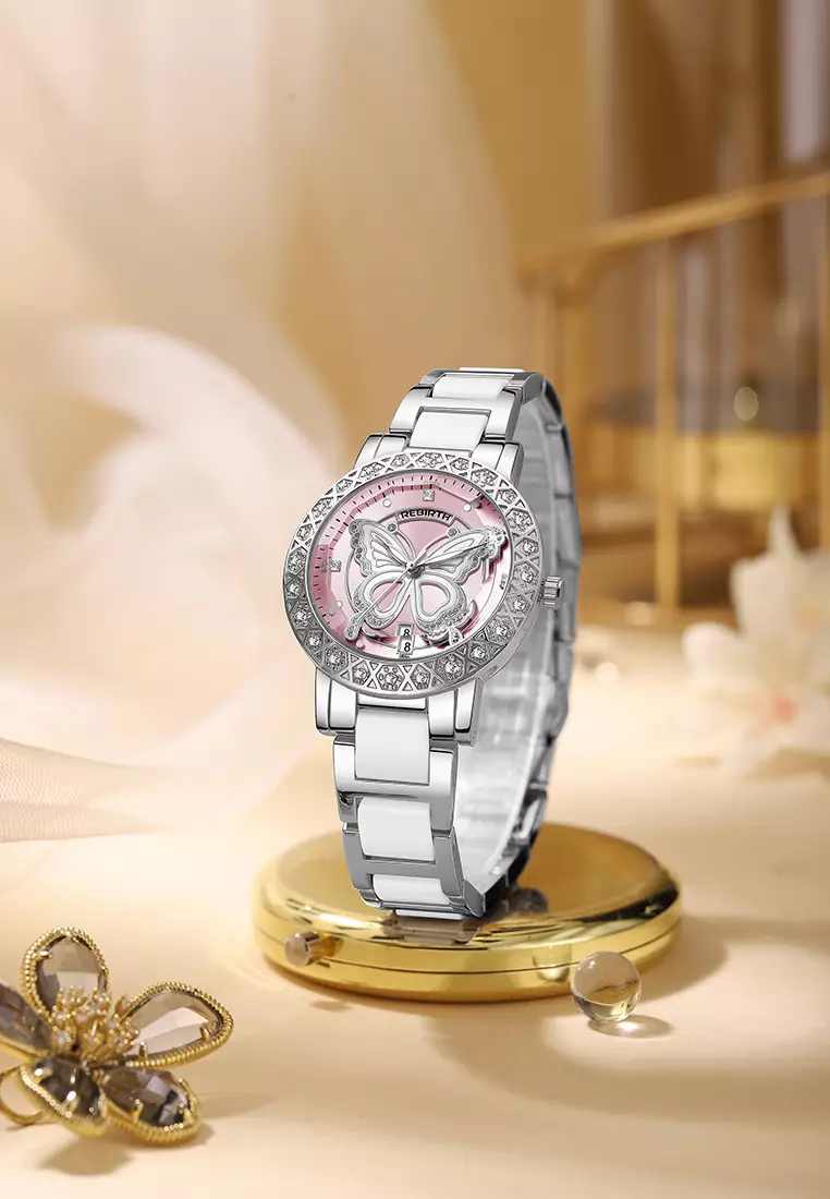 Jam Tangan Wanita Desain Kupu-Kupu Berlian Kristal Kalender Tali Stainless Steel Ceramic Anti Air Warna silverpink