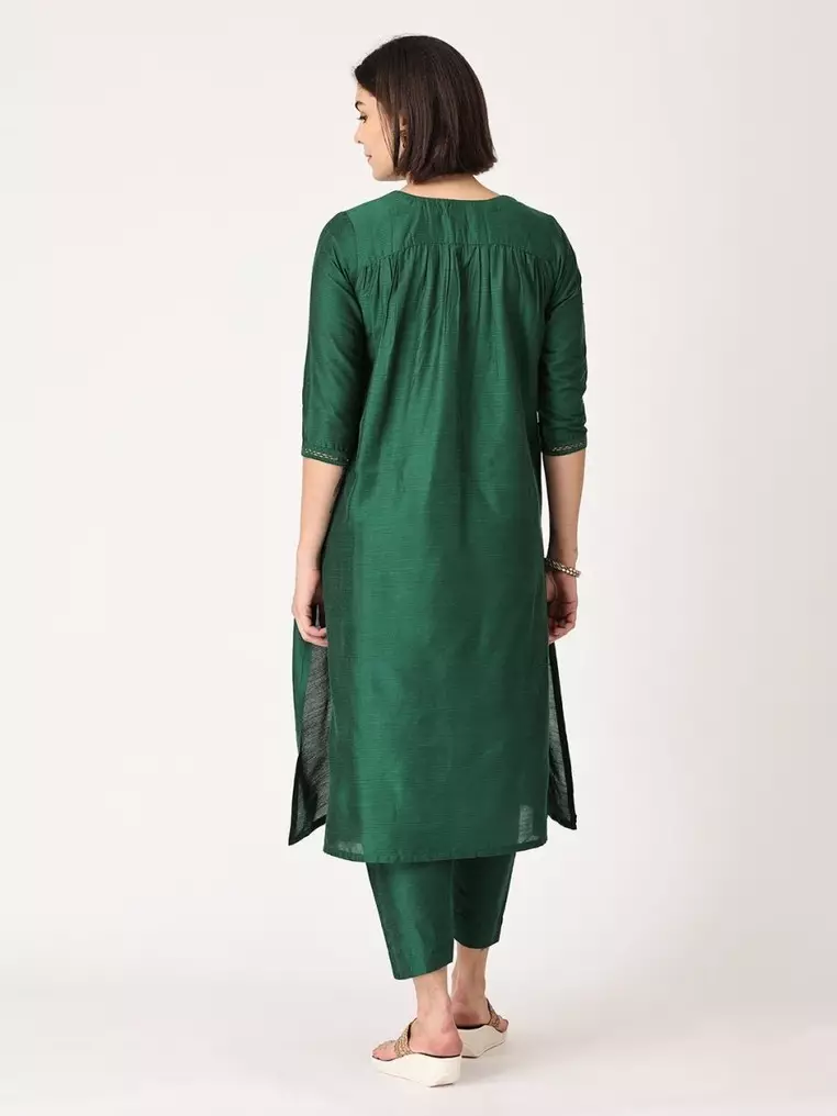 Maternity Silk Kurta Set with Nursing - Green
