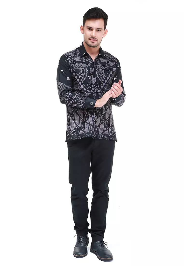 Dwan Kemeja Batik Pria Unique Motives Atasan Formal Longsleeve Shirt Material Cotton ORIGINAL - Black