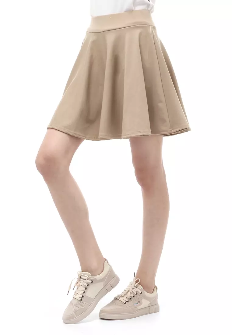 Rok Midi Bawahan Wanita Motif Solid Casual Relaxed Fit - Beige