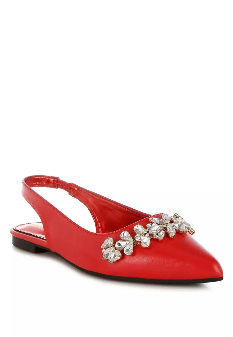 Diamante Embellished Flat Sandals in Red