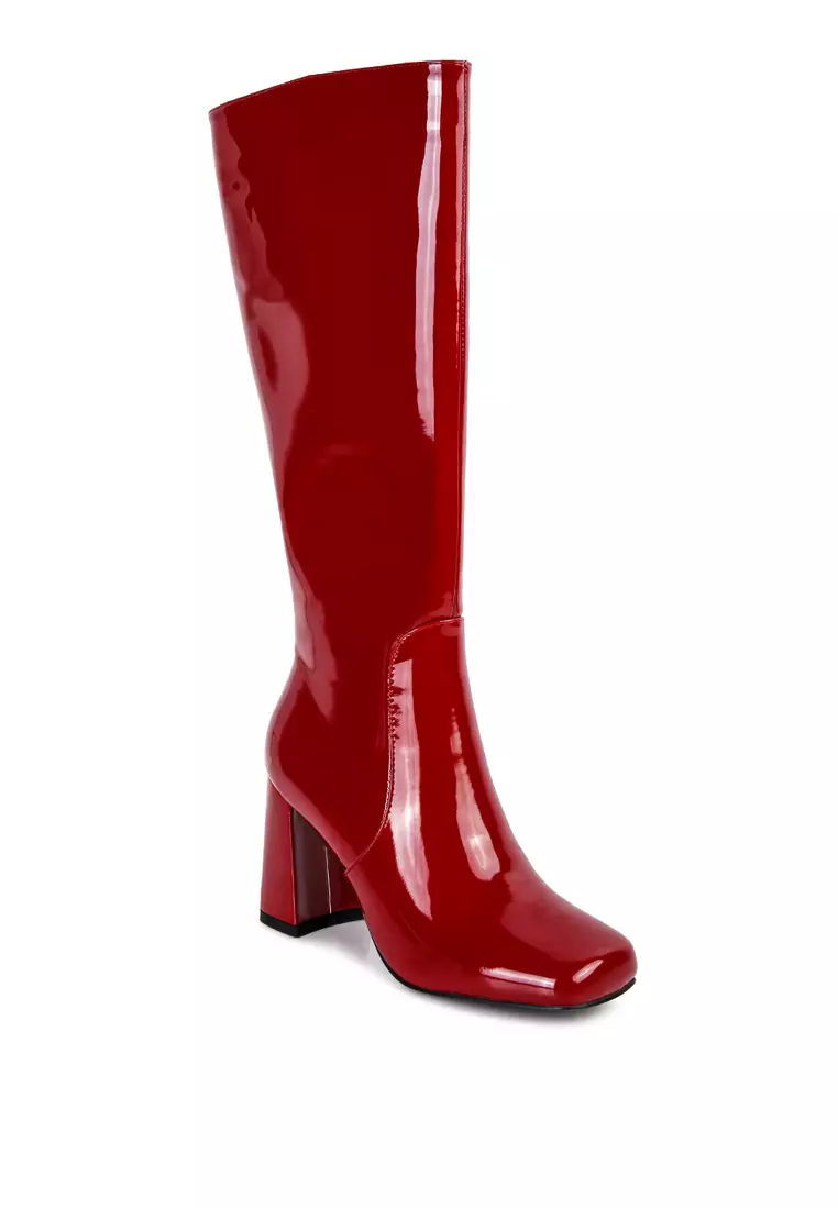 Burgundy Patent PU Block Heeled Calf Boots