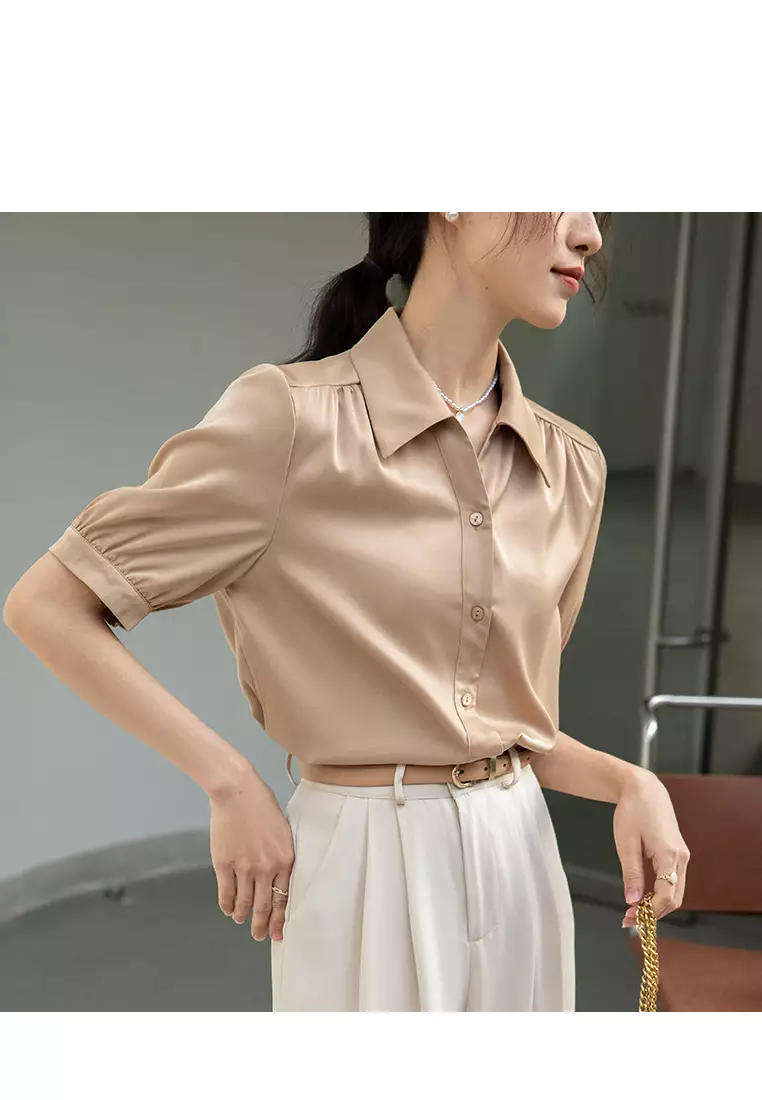 Buy Lara Satin Solid Oversized Single-Breasted Gathered Shirt 2024