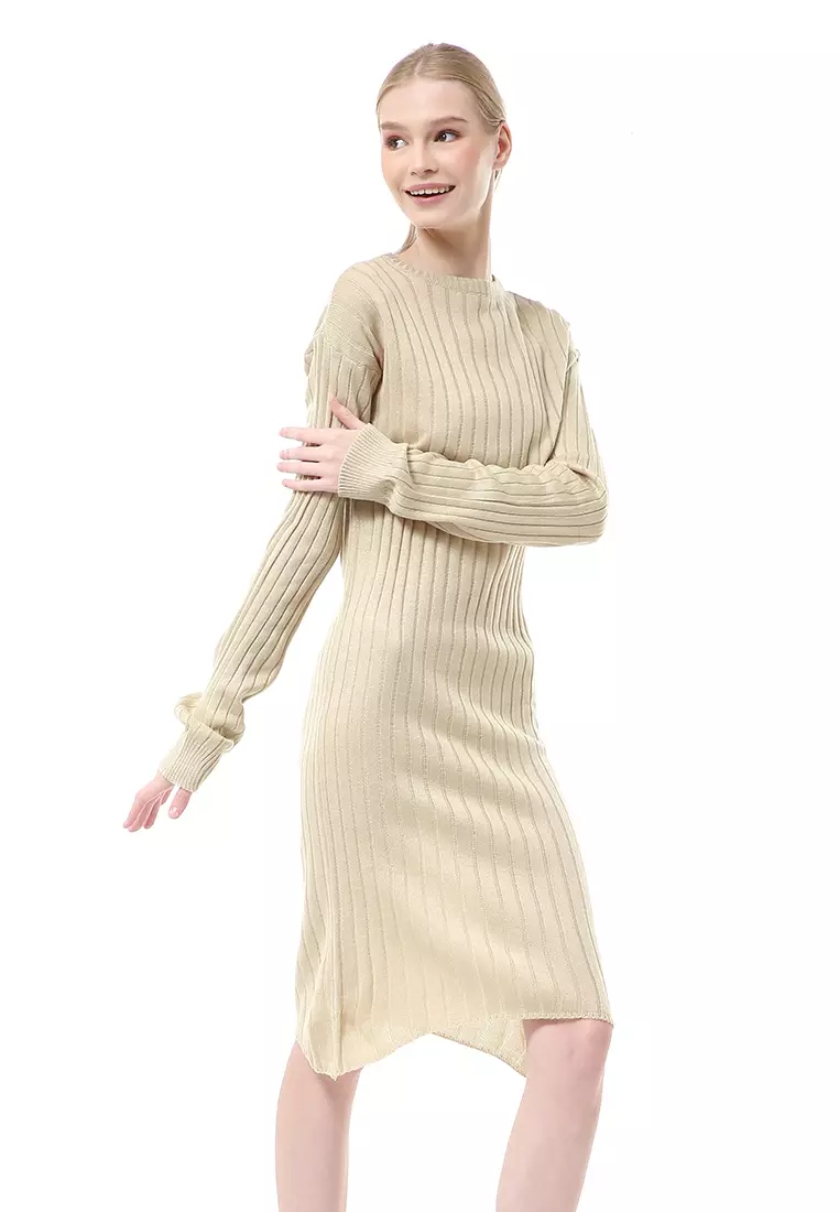 Adela Dress Rajut Tunik Wanita Motif Polos Long Sleeve Relaxed Fit - Cream