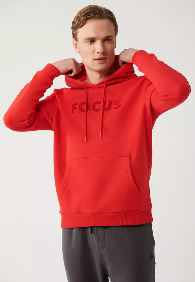 Men's Red Hooded 3 Thread Raster Kangaroo Pocket Sweatshirt A32Y1193