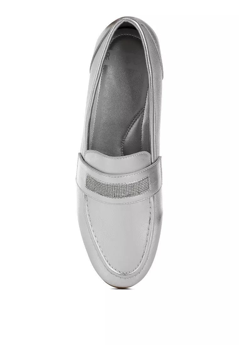 Rhinestone Strap Metallic Loafers in Silver