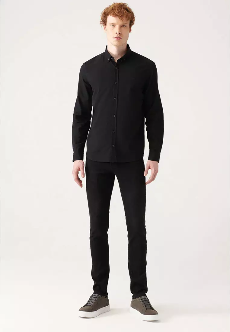 Men's Black Button-Down Collar 100% Cotton Linen Textured Shirt E002141