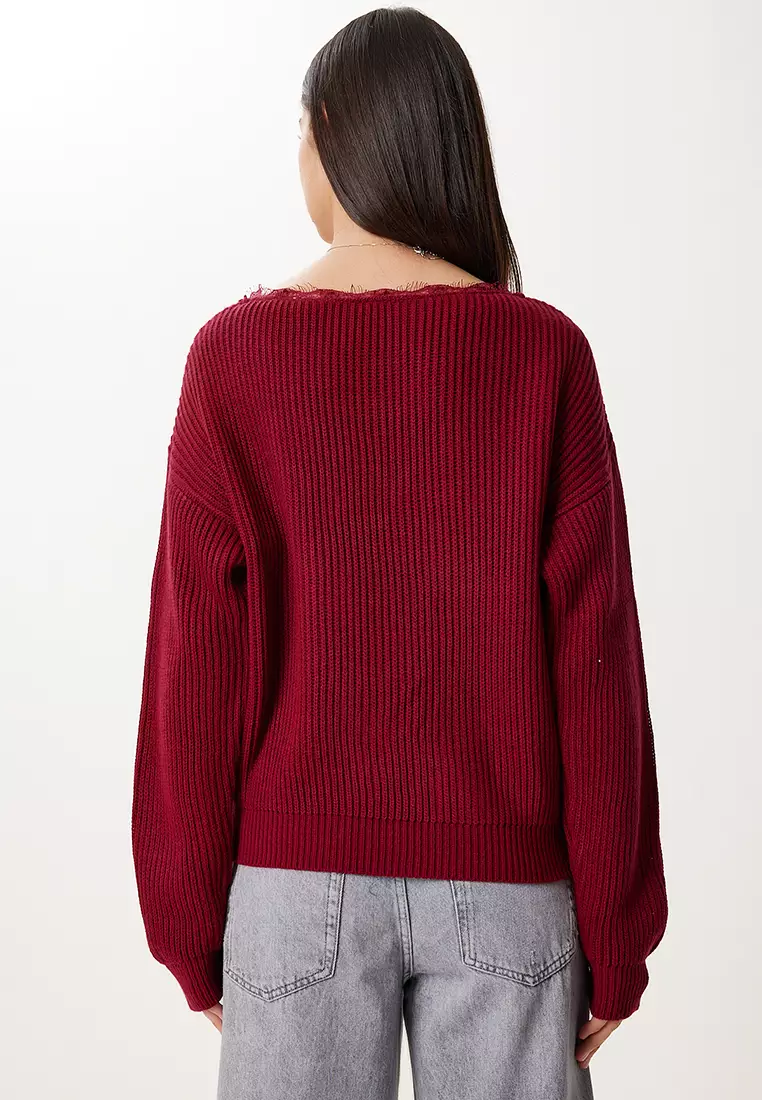Women's Burgundy Lace Detailed Knitwear Sweater Ki̇00141