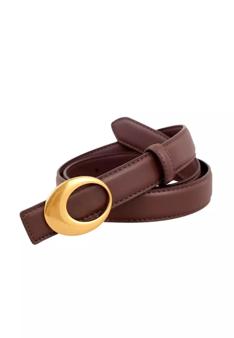 Genuine leather belt for women with vintage gold arc buckle decoration