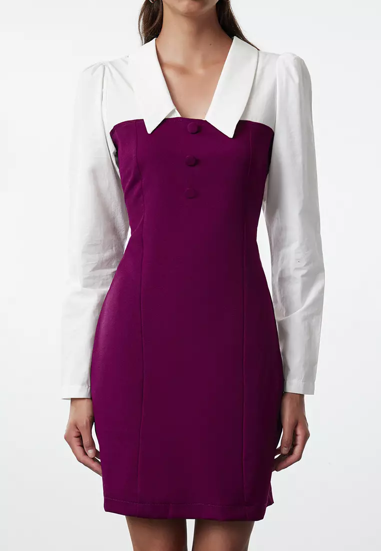 Purple Plain Mini Bodycon Shirt Collar Mini Woven Dress Woven Dress TWOAW23EL00611